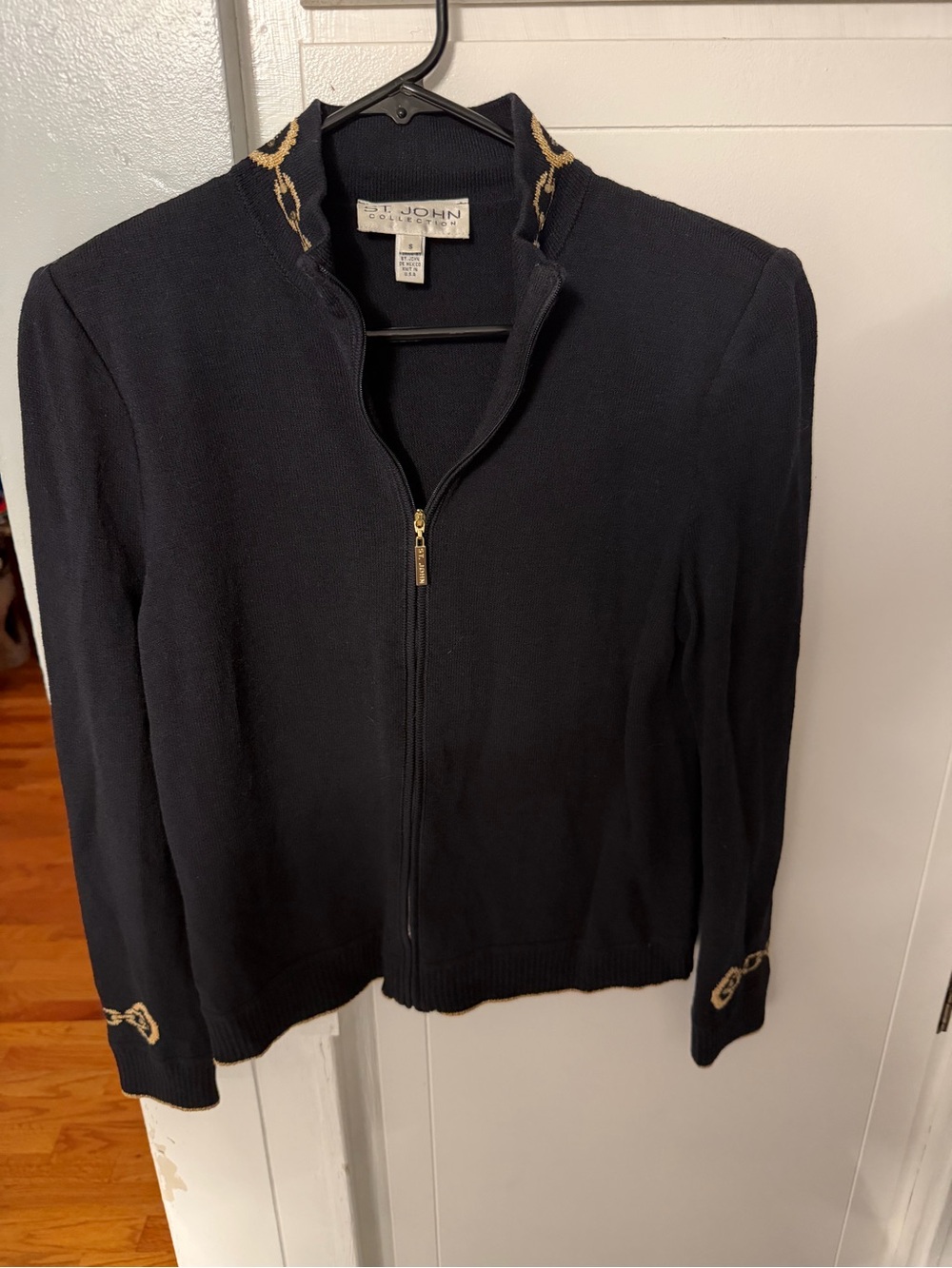 Vintage St. John Black Full Zip-Front Knit Jacket with Gold Trim